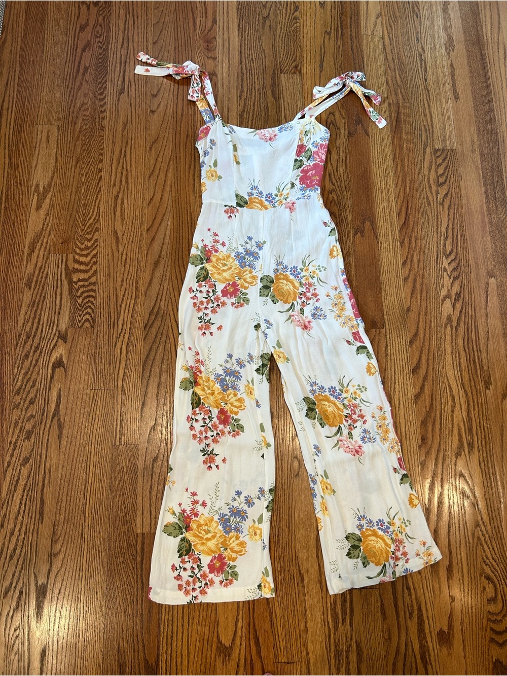 Reformation White Floral Tie-Strap Wide-Leg Jumpsuit